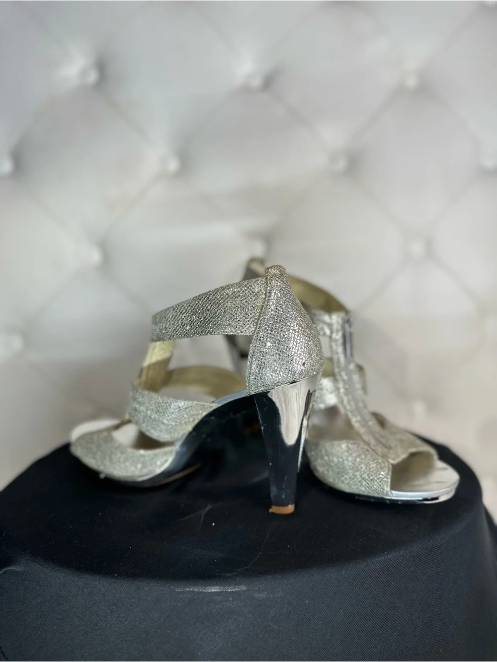 Michael Kors Silver Glitter Zip Front High Heel Sandals